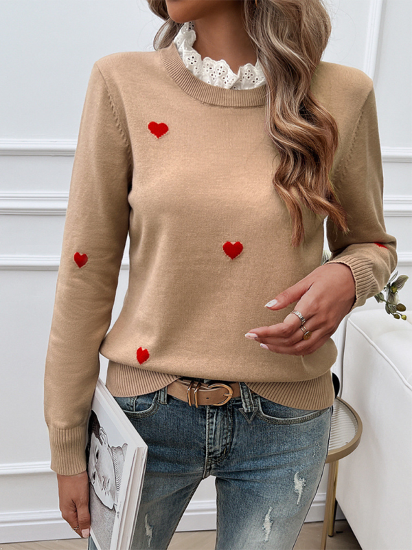 Women's Temperament Casual Embroidered Love Heart Long Sleeve Sweater