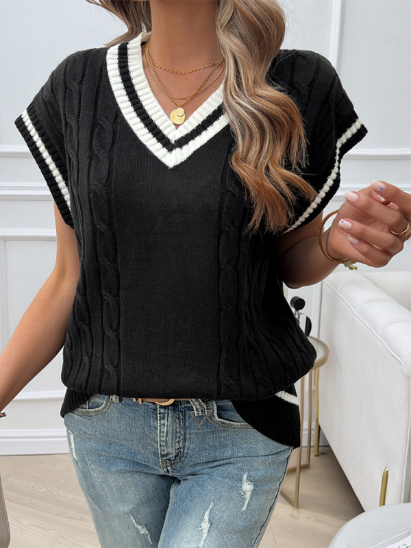 Women's Loose Casual V-Neck Contrast Color Vest Sweater