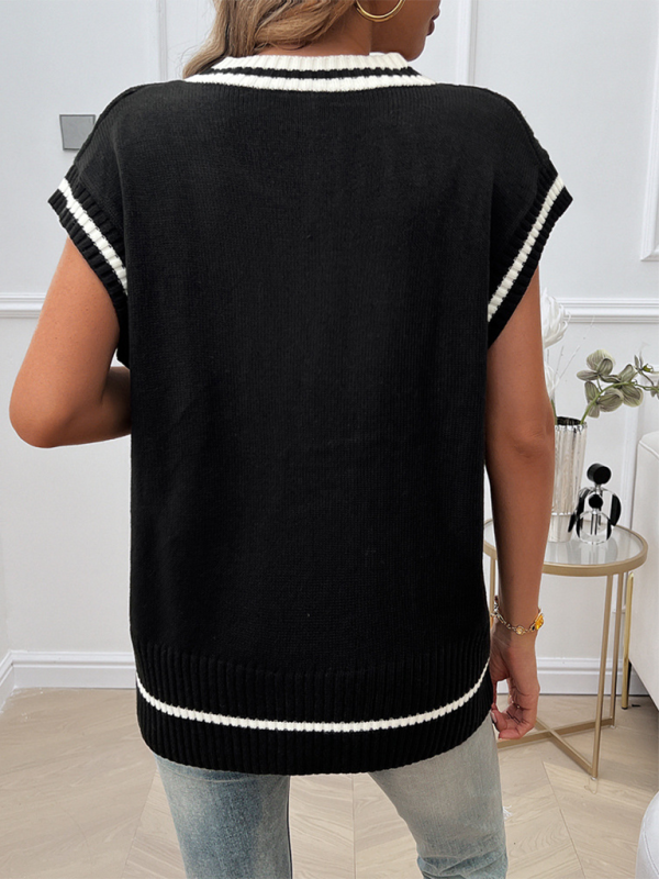 Women's Loose Casual V-Neck Contrast Color Vest Sweater