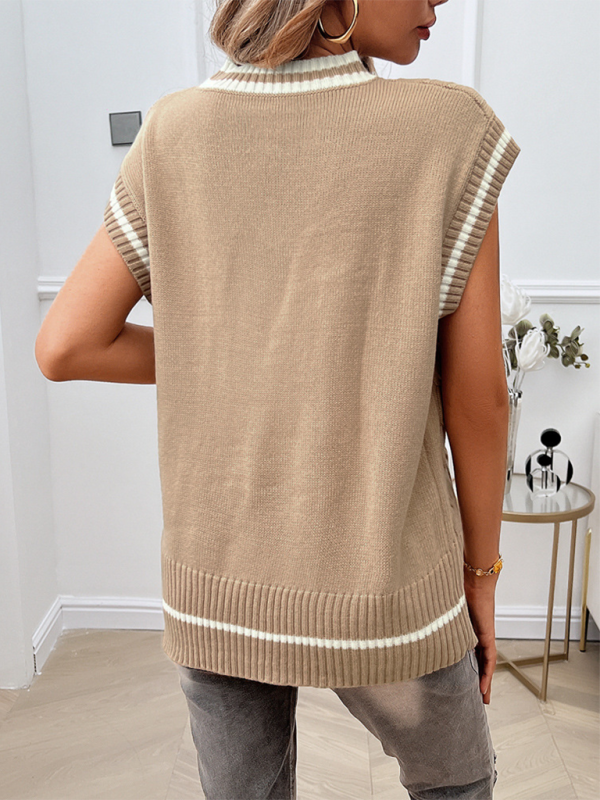 Women's Loose Casual V-Neck Contrast Color Vest Sweater