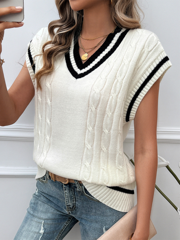 Women's Loose Casual V-Neck Contrast Color Vest Sweater