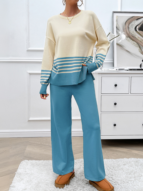 Casual Loose Clashing Color Straight Pants Sweater Set