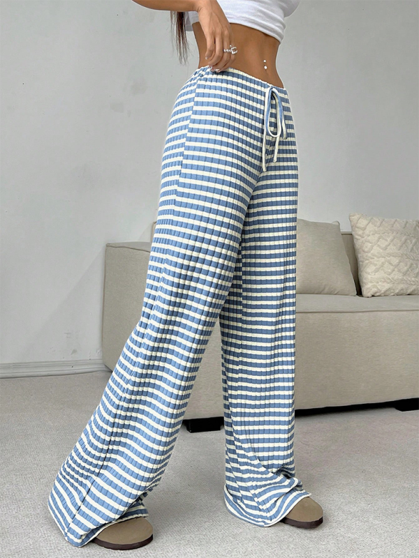 Women's new casual striped solid color rubber band drawstring straight leg pants