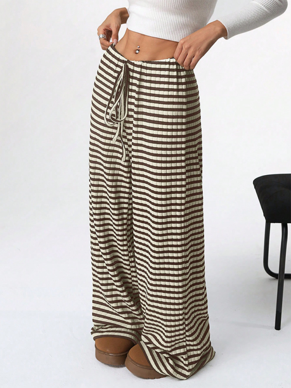 Women's new casual striped solid color rubber band drawstring straight leg pants