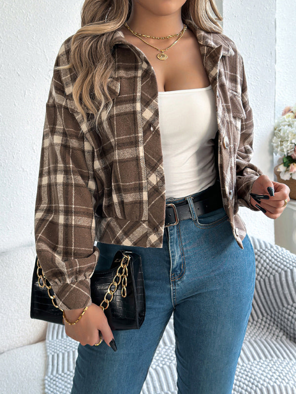 Casual Plaid Long Sleeve Tweed Jacket Coat