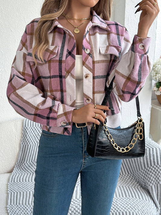 Casual Plaid Long Sleeve Tweed Jacket Coat