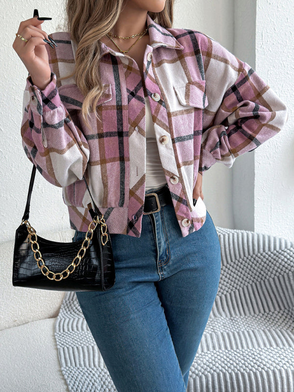 Casual Plaid Long Sleeve Tweed Jacket Coat