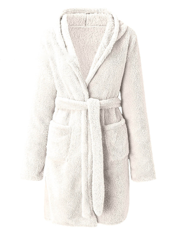 Autumn and winter hooded home plush pajamas solid color warm bathrobe