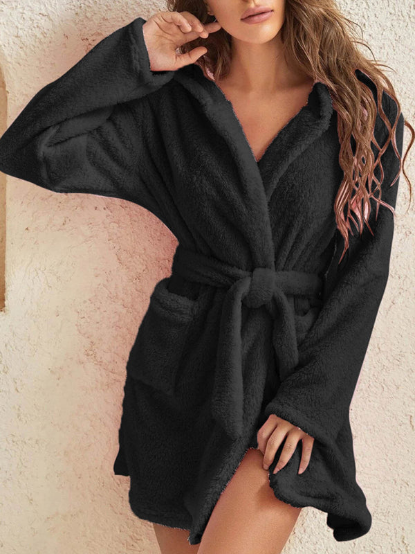 Autumn and winter hooded home plush pajamas solid color warm bathrobe