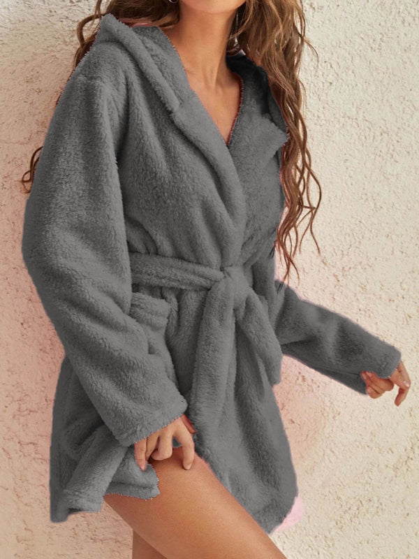 Autumn and winter hooded home plush pajamas solid color warm bathrobe