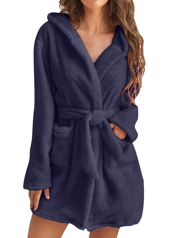 Autumn and winter hooded home plush pajamas solid color warm bathrobe