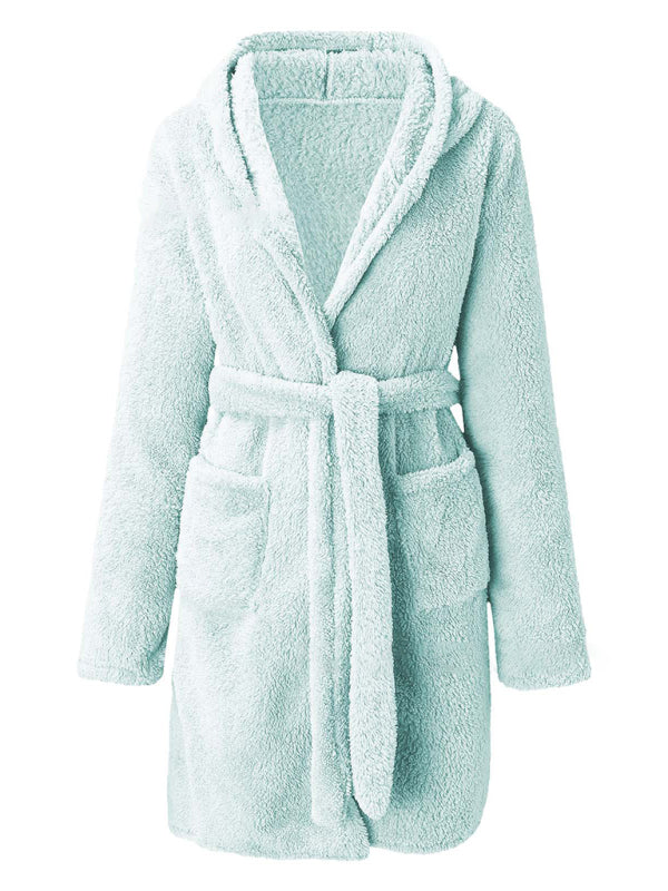 Autumn and winter hooded home plush pajamas solid color warm bathrobe