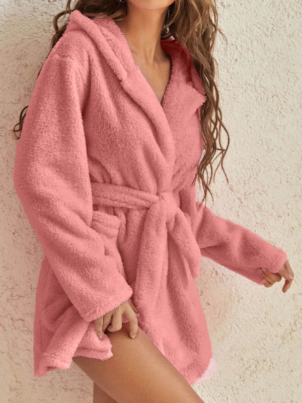 Autumn and winter hooded home plush pajamas solid color warm bathrobe