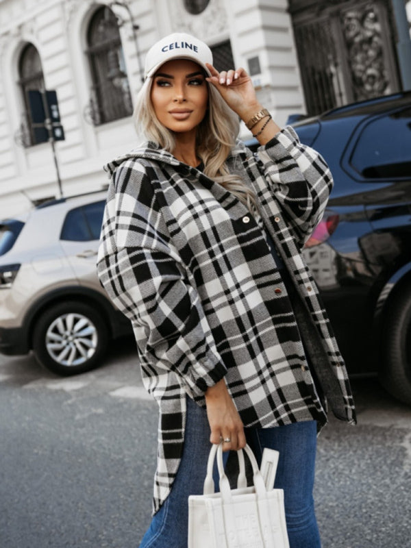 Ladies new loose fashion casual hooded plaid jacket