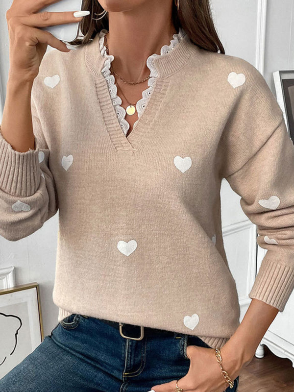 Love round neck sweater new Valentine's Day V-neck splicing lace pullover sweater