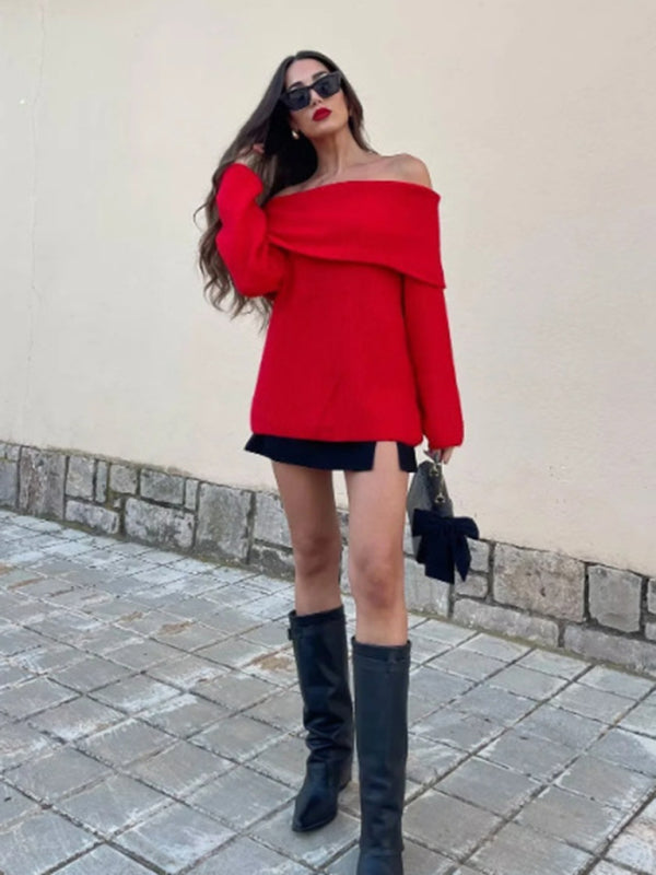 Simple off-shoulder long-sleeved sweater top