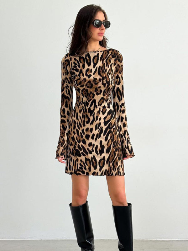 New high waist round neck long sleeve leopard print dress